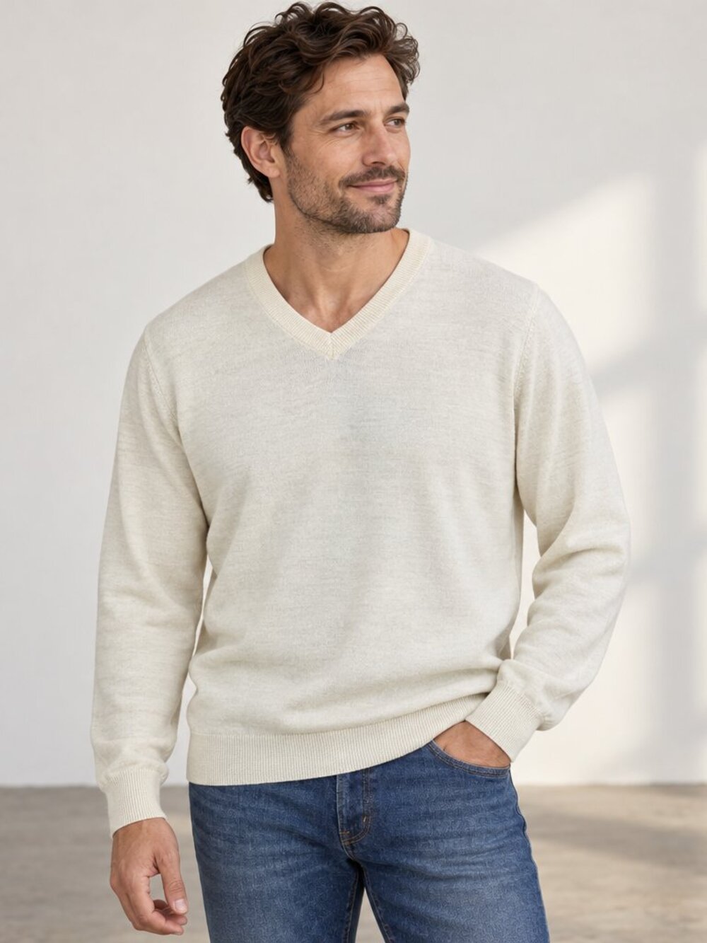 Jos. A. Bank 100% Merino Wool V-Neck Sweater Mens L Cream Long Sleeve Preppy